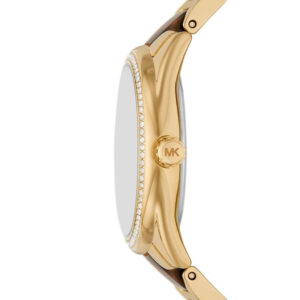 Michael Kors Janelle watch side view showing tortoise acetate strap links and crystal bezel