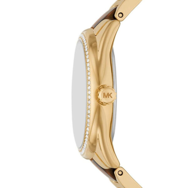 Michael Kors Janelle watch side view showing tortoise acetate strap links and crystal bezel
