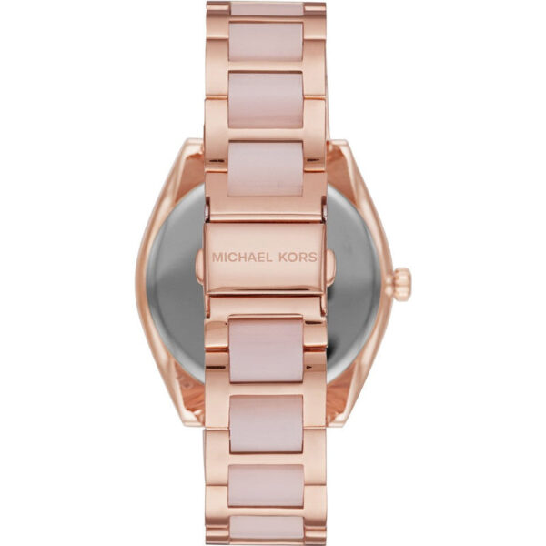 Michael Kors Janelle rose gold watch caseback with Michael Kors engraving