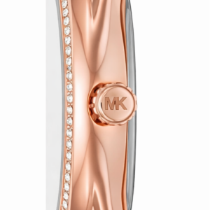 Michael Kors Janelle MK7091 side profile showing rose-gold case depth, crystal bezel detail, and bracelet strap