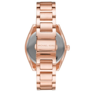 Back of Michael Kors Janelle watch showing caseback with Michael Kors text and rose gold-tone bracelet