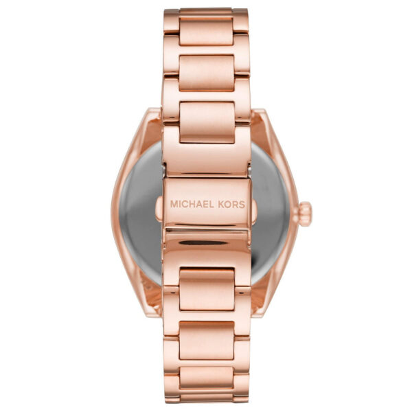 Back of Michael Kors Janelle watch showing caseback with Michael Kors text and rose gold-tone bracelet