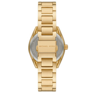 Michael Kors Janelle watch caseback view showing gold-tone stainless steel bracelet