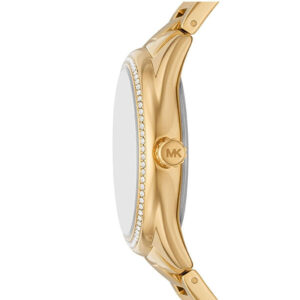 Michael Kors Janelle watch side profile showing gold bracelet and crystal-set bezel