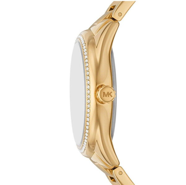 Michael Kors Janelle watch side profile showing gold bracelet and crystal-set bezel