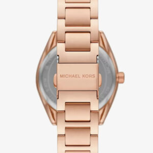 Michael Kors Janelle watch caseback showing rose gold-tone stainless steel bracelet