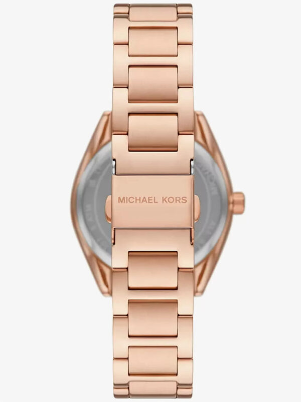 Michael Kors Janelle watch caseback showing rose gold-tone stainless steel bracelet