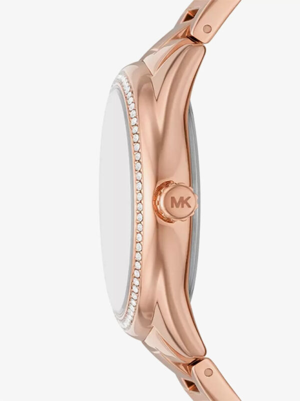 Michael Kors Janelle watch side profile showing rose gold bracelet and case