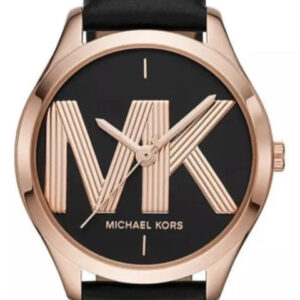 Michael Kors Jaycie women's watch with rose-gold case, black dial, and black leather strap