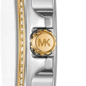 Side view showing two-tone steel bracelet and MK medallion on watch case
