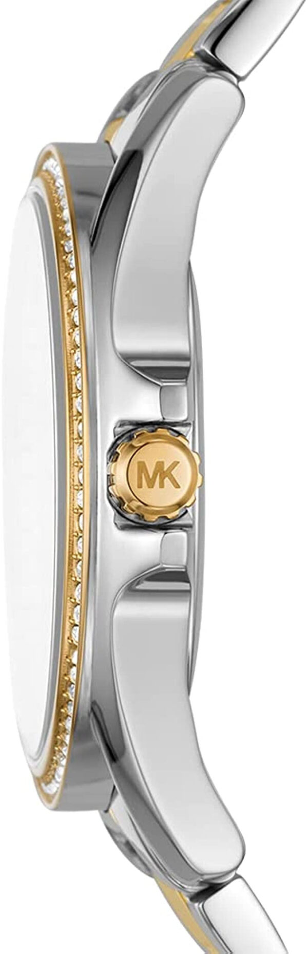 Side view showing two-tone steel bracelet and MK medallion on watch case