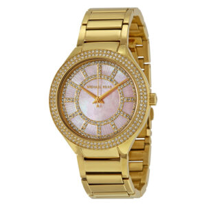 Michael Kors Kerry women's watch with pink mother-of-pearl dial, crystal bezel, and gold-tone bracelet