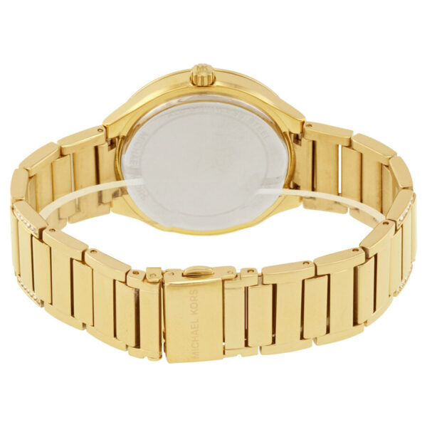Michael Kors Kerry MK3481 caseback showing gold-tone stainless steel and bracelet clasp