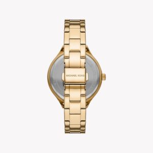 Caseback view of Michael Kors Key Biscayne showing gold-tone bracelet and Michael Kors branding