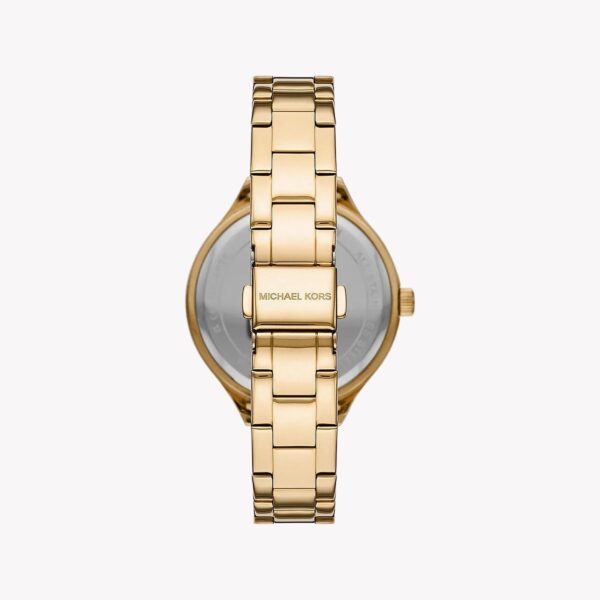 Caseback view of Michael Kors Key Biscayne showing gold-tone bracelet and Michael Kors branding