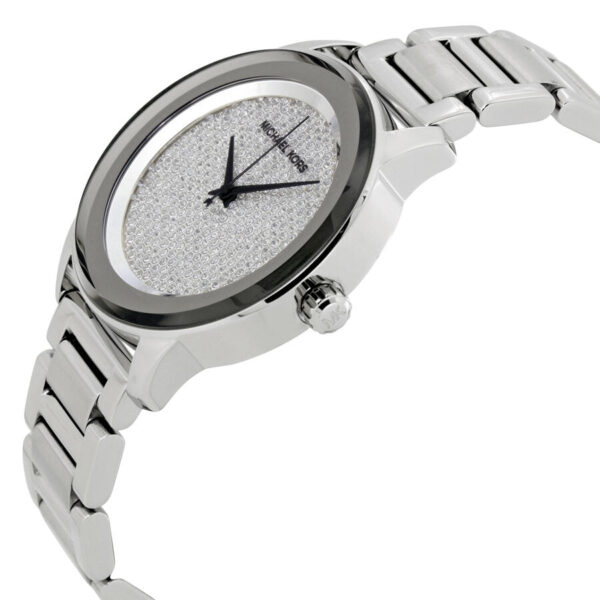 Michael Kors Kinley MK5996 side angle view showing stainless steel bracelet and dial