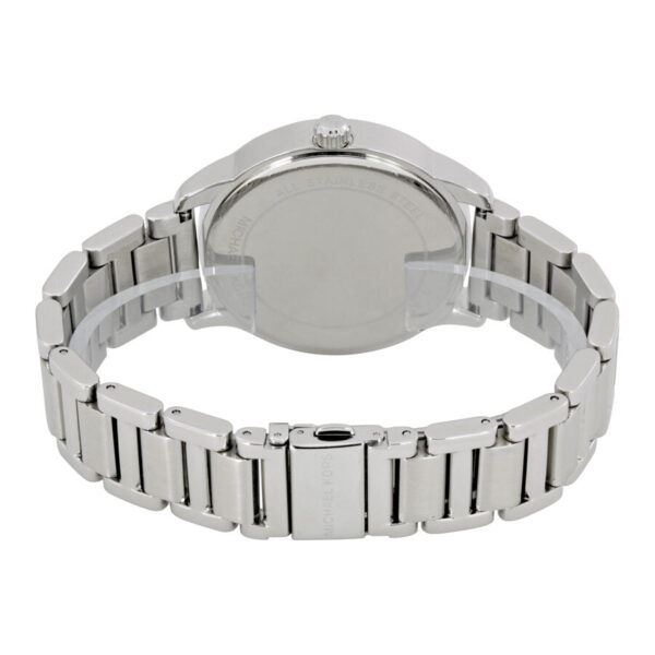 Michael Kors Kinley MK5996 caseback showing stainless steel bracelet and clasp