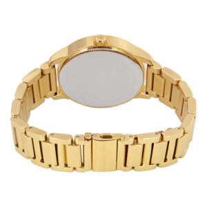 Michael Kors Kinley MK6209 caseback displaying gold-tone stainless steel case and bracelet