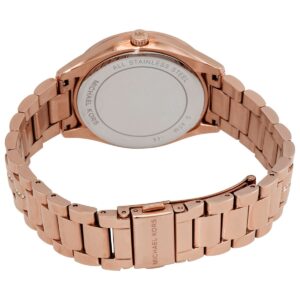 Case back of Michael Kors Lauryn watch showing all stainless steel construction and engraved text