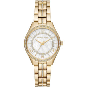 Michael Kors Lauryn white MOP dial gold women's watch with crystal-set bezel and Roman numerals