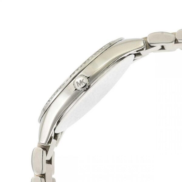 Michael Kors Lauryn MK3900 watch side profile showing curved case and stainless steel band