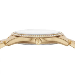 Michael Kors Lauryn watch side profile showing crystal bezel and white dial