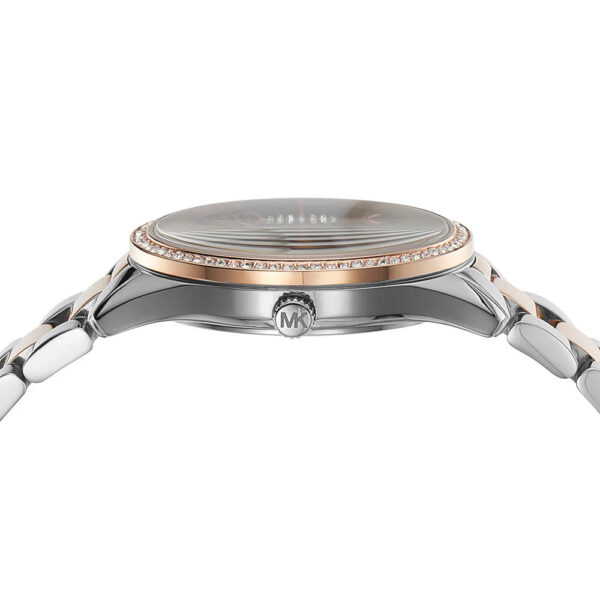 Michael Kors Lauryn watch caseback with crystal display and MK logo