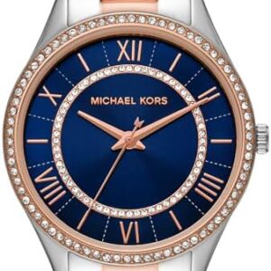 Close-up detail of blue dial with Roman numerals, crystal bezel, and rose gold hands