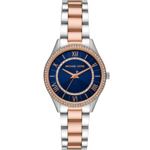 Michael Kors Lauryn women's watch with blue dial, crystal bezel, rose gold and silver bracelet