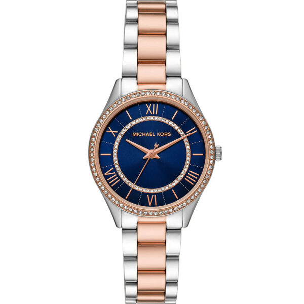 Michael Kors Lauryn women's watch with blue dial, crystal bezel, rose gold and silver bracelet