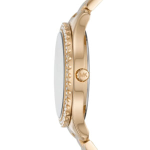 Michael Kors Layton watch side profile showing crystal bezel and gold bracelet