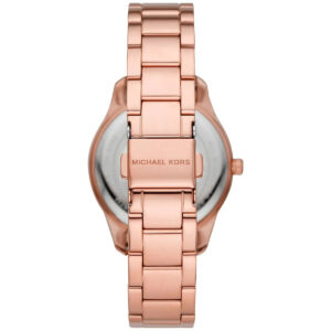 Michael Kors Layton watch caseback showing rose gold-tone steel bracelet and MK logo