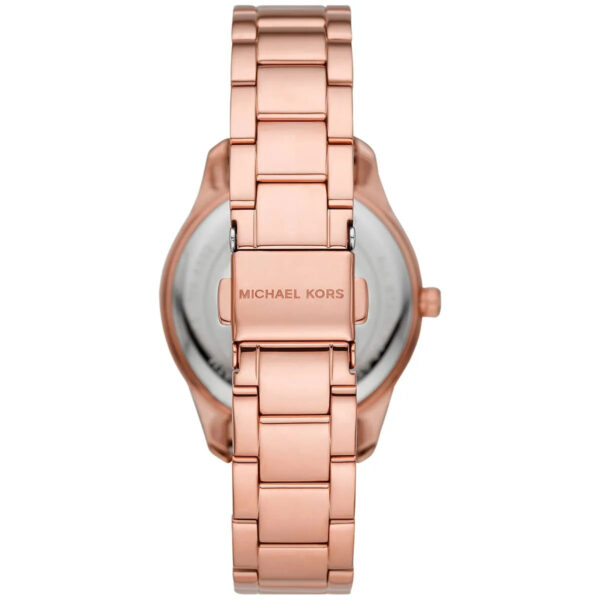 Michael Kors Layton watch caseback showing rose gold-tone steel bracelet and MK logo