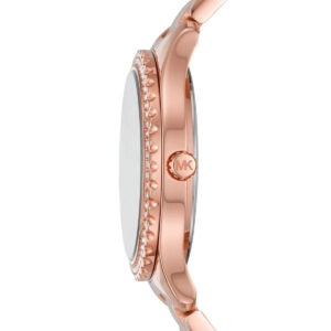 Michael Kors Layton watch side profile showing rose gold-tone steel case and crystal bezel