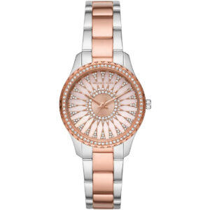 Michael Kors Layton women's watch with pink dial, crystal bezel, and two-tone steel strap