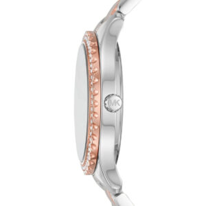 Side profile view of Michael Kors Layton watch showing two-tone steel and rose gold strap