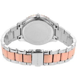 Detailed view of two-tone steel and rose gold strap with fold-over clasp