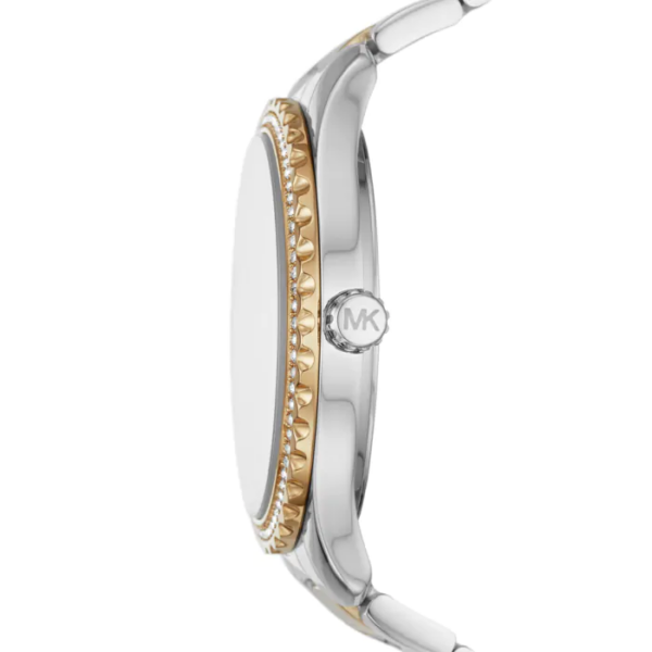 Michael Kors Layton watch side profile showing case depth and two-tone steel bracelet