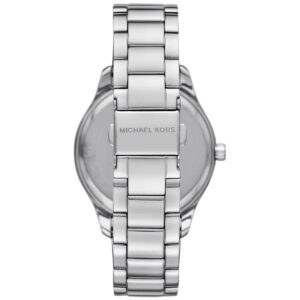 Michael Kors Layton watch case back with brand text on silver-tone stainless steel