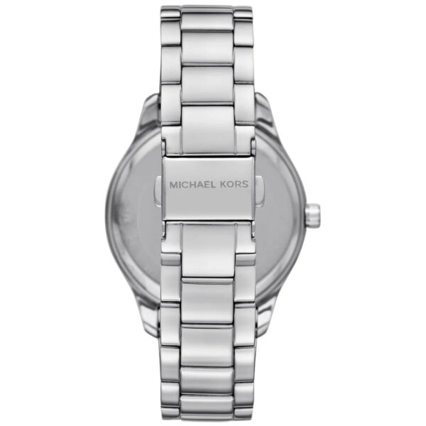 Michael Kors Layton watch case back with brand text on silver-tone stainless steel