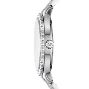 Michael Kors Layton watch side profile showing crystal-set bezel and MK logo
