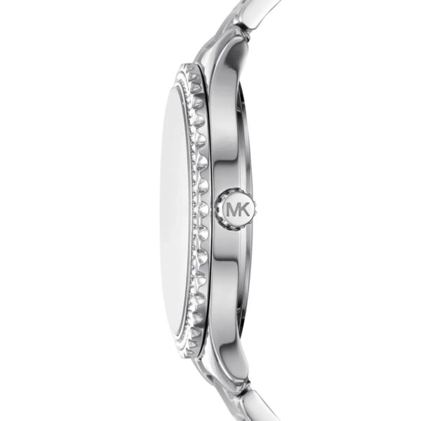 Michael Kors Layton watch side profile showing crystal-set bezel and MK logo