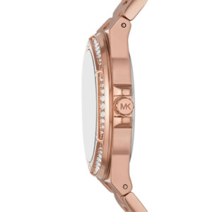 Michael Kors Lennox rose gold-tone watch side profile showing crystal-set bezel and steel bracelet