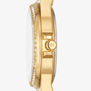 Side profile of Lennox watch showing gold case with crystal-accented bezel and band