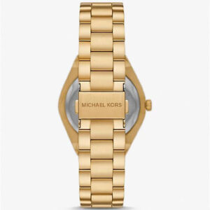Michael Kors Lennox gold watch showing case back and link bracelet strap