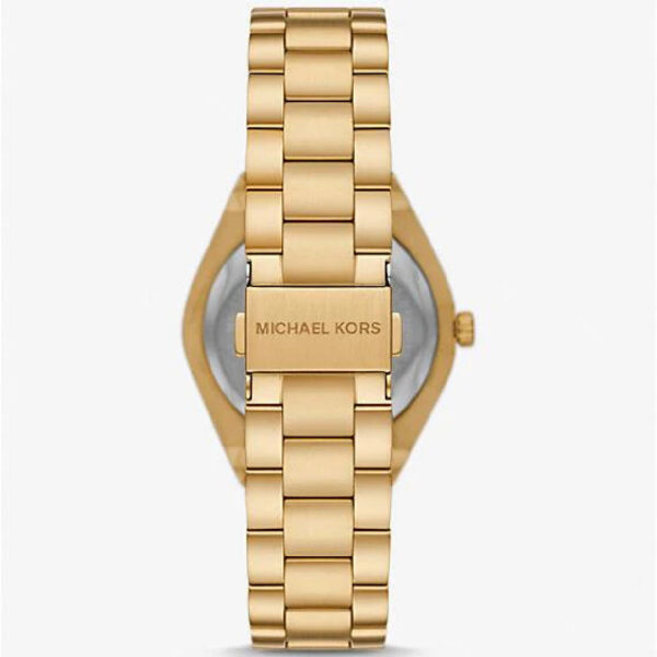 Michael Kors Lennox gold watch showing case back and link bracelet strap