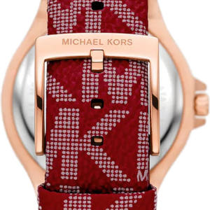 Three-quarter view of Michael Kors Lennox MK7308 watch with white dial and red MK-patterned leather strap