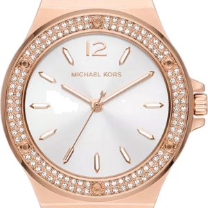 Michael Kors Lennox MK7308 women's watch with white dial, rose gold pavé bezel, and red MK-patterned leather strap