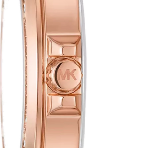 Side profile of Michael Kors Lennox MK7308 watch showing rose gold case and red MK-patterned leather strap