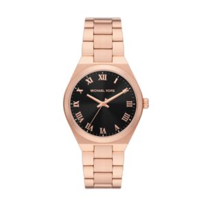 Michael Kors Lennox rose gold women's watch with black dial and Roman numeral markers